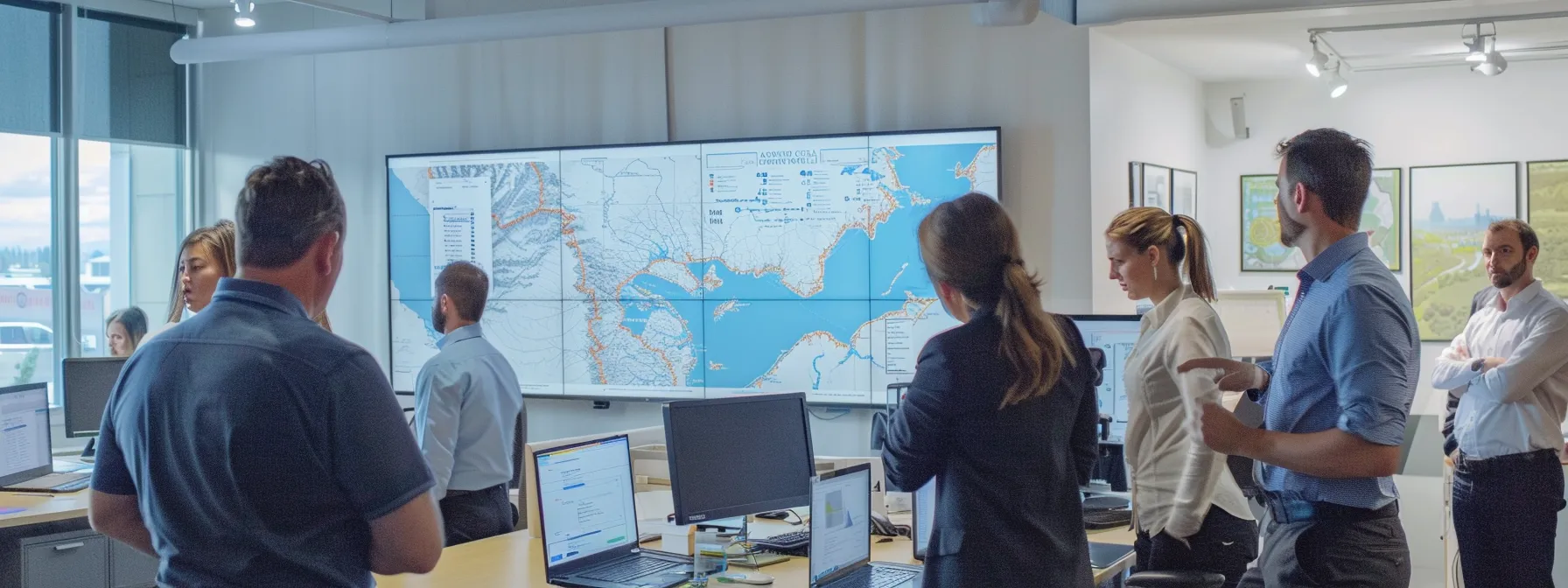 a modern, well-lit office setting features a large digital map of alberta displaying varying radon levels across regions, with calgary highlighted, while a diverse group of professionals engage in discussion around data reports and sampling methods, reflecting the critical analysis of radon exposure in residential homes.
