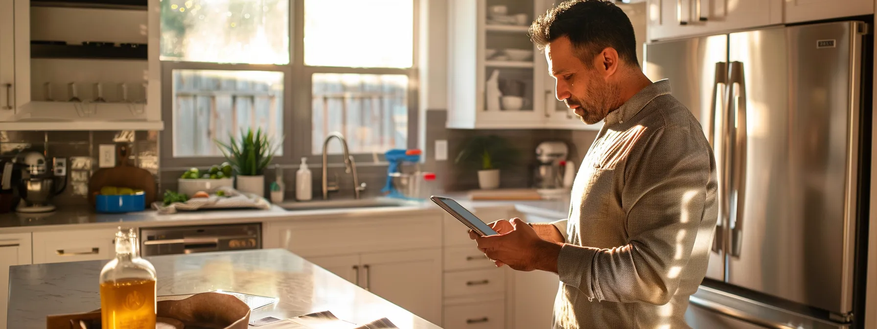 a concerned homeowner stands in a modern urban kitchen, surrounded by pamphlets and a digital tablet displaying radon testing guidelines, embodying the urgency and importance of awareness and proactive measures against radon risks.