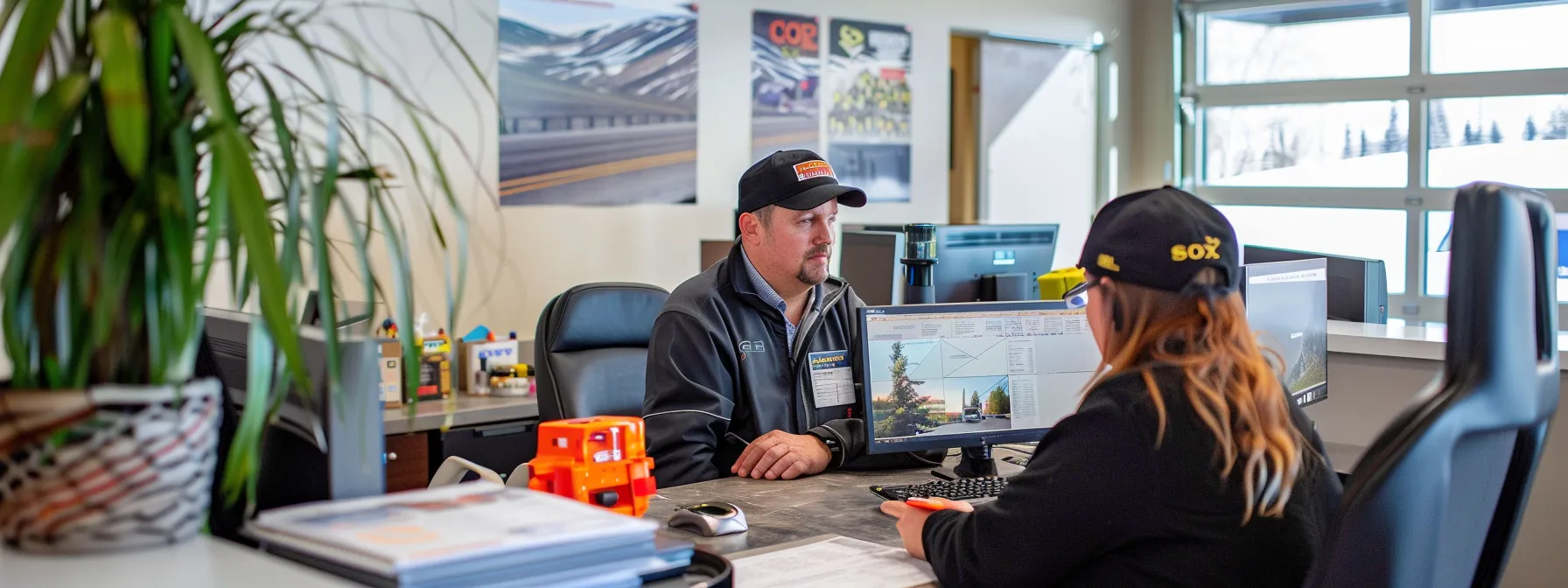 a focused indoor scene in a modern calgary office featuring a professional discussing radon mitigation strategies with a contractor, surrounded by technical diagrams and safety equipment to emphasize effective solutions against high radon levels.