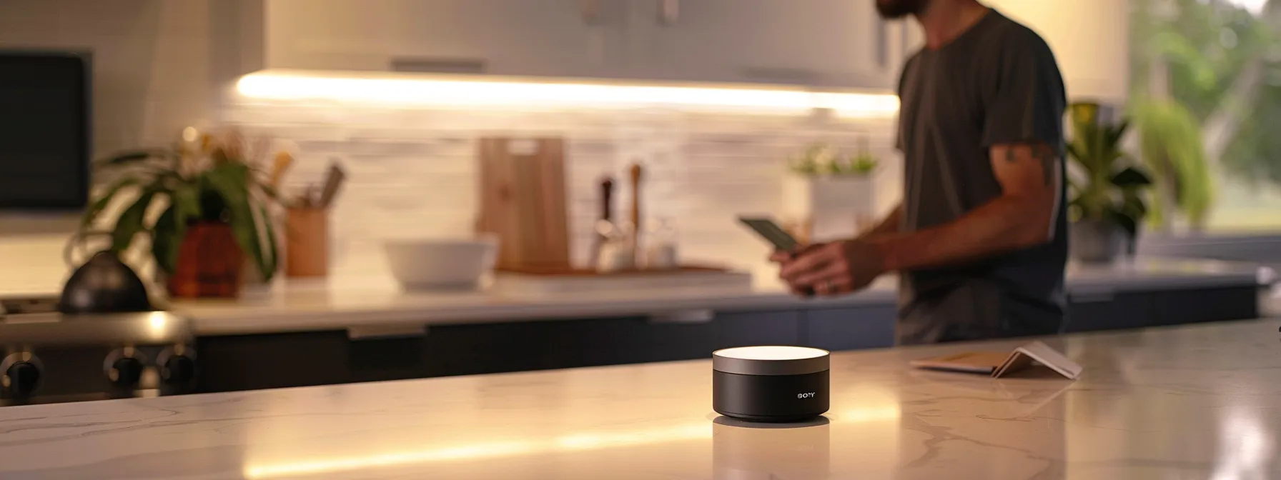 a focused indoor scene of a modern home environment featuring a sleek radon testing device prominently displayed on a polished kitchen counter, with a concerned homeowner reviewing test results on a tablet nearby, illuminated by soft overhead lighting that emphasizes the importance of radon awareness.