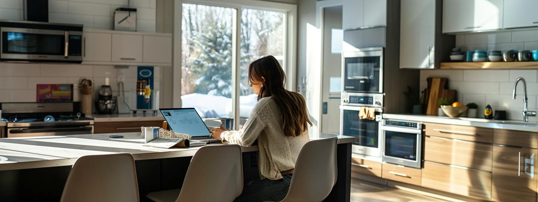 a focused interior shot of a calgary homeowner engaged in a radon testing demonstration in a modern kitchen, surrounded by informational pamphlets and a sleek radon measurement device, highlighting the importance of local resources for air quality awareness.