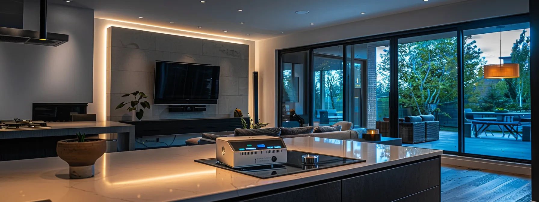 a modern calgary home interior, featuring a radon detection device prominently displayed on a sleek countertop, illuminated by focused overhead lighting to emphasize the urgency of understanding radon risks.