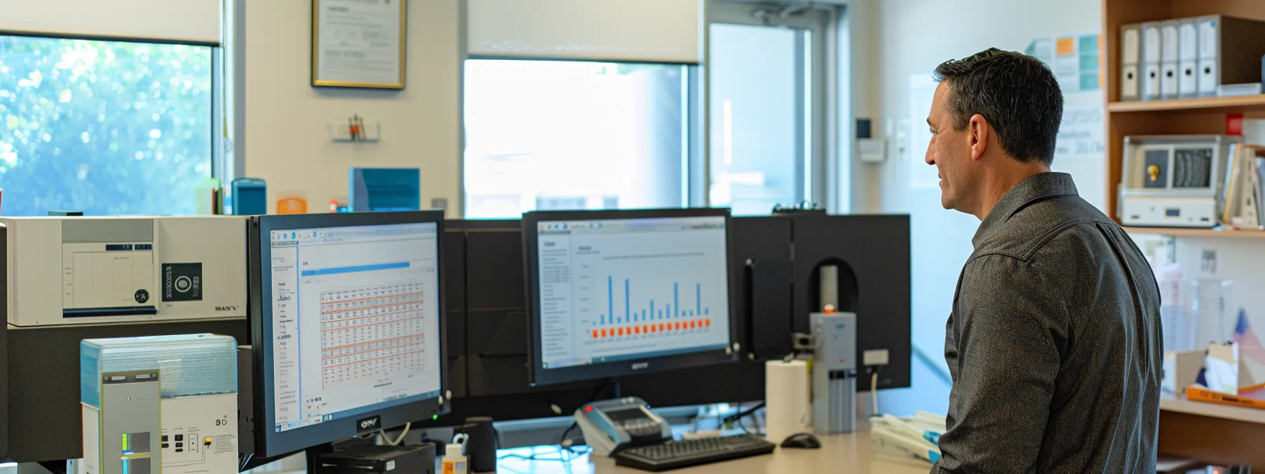 Professional vs DIY Radon Testing in Calgary 4 a modern office setting showcases a professional radon testing technician conducting an in-depth analysis, surrounded by advanced testing equipment and charts, symbolizing the critical evaluation of testing methods versus diy solutions for homeowners' safety.