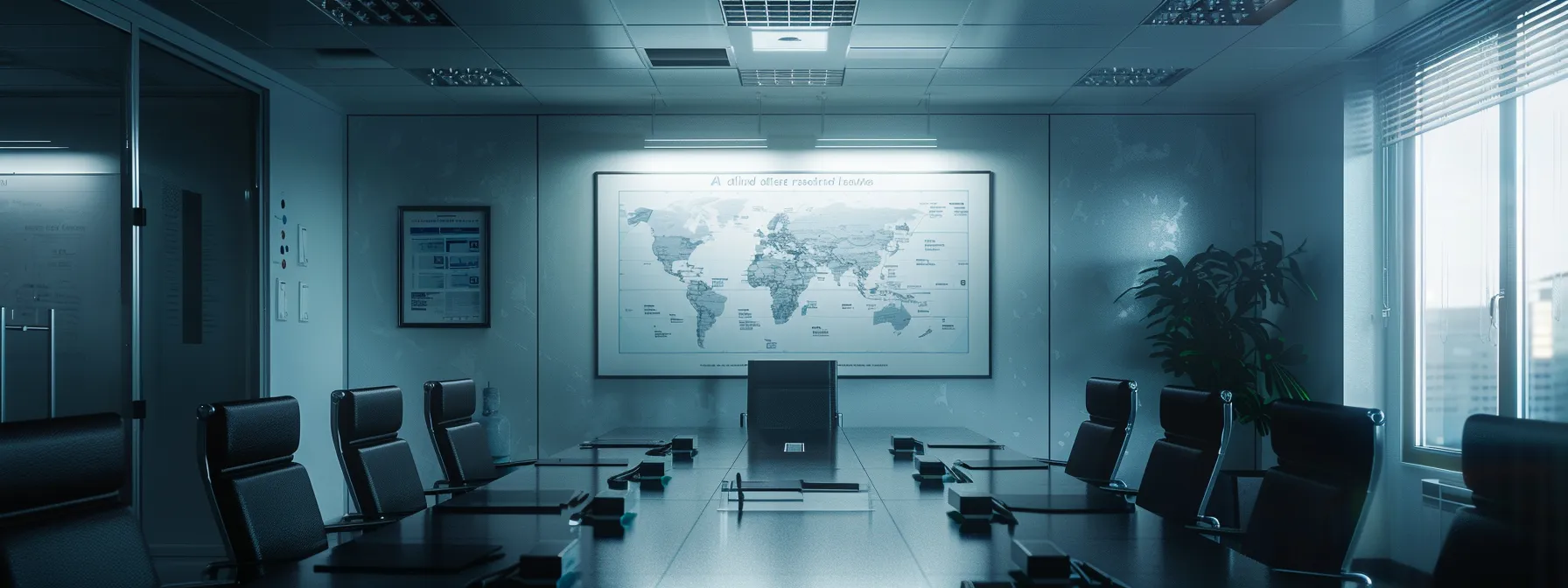 Professional vs DIY Radon Testing in Calgary 5 a professional legal office in calgary, featuring a sleek conference table surrounded by safety compliance documents and a large map of radon test regulations prominently displayed on the wall, illuminated by bright, artificial lighting.