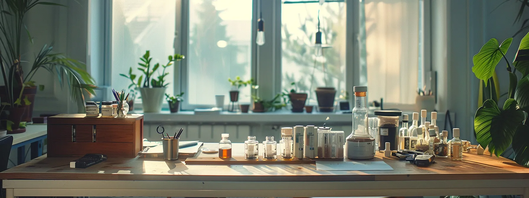 Professional vs DIY Radon Testing in Calgary 3 a well-lit, modern home office showcases a table set with various diy radon testing kits and step-by-step instructions, embodying the importance of accuracy in independent radon evaluation.