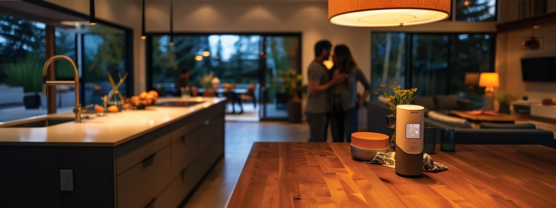 a well-lit, modern calgary home interior showcases a family discussing the importance of radon testing, with a prominent radon detection device displayed on a sleek kitchen counter.