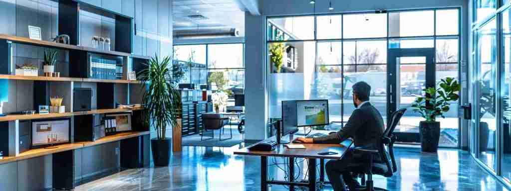 a sleek, modern office with a professional consultant reviewing a detailed property assessment report, surrounded by cutting-edge radon mitigation equipment that reflects the precision and expertise involved in the certified radon mitigation process in calgary.
