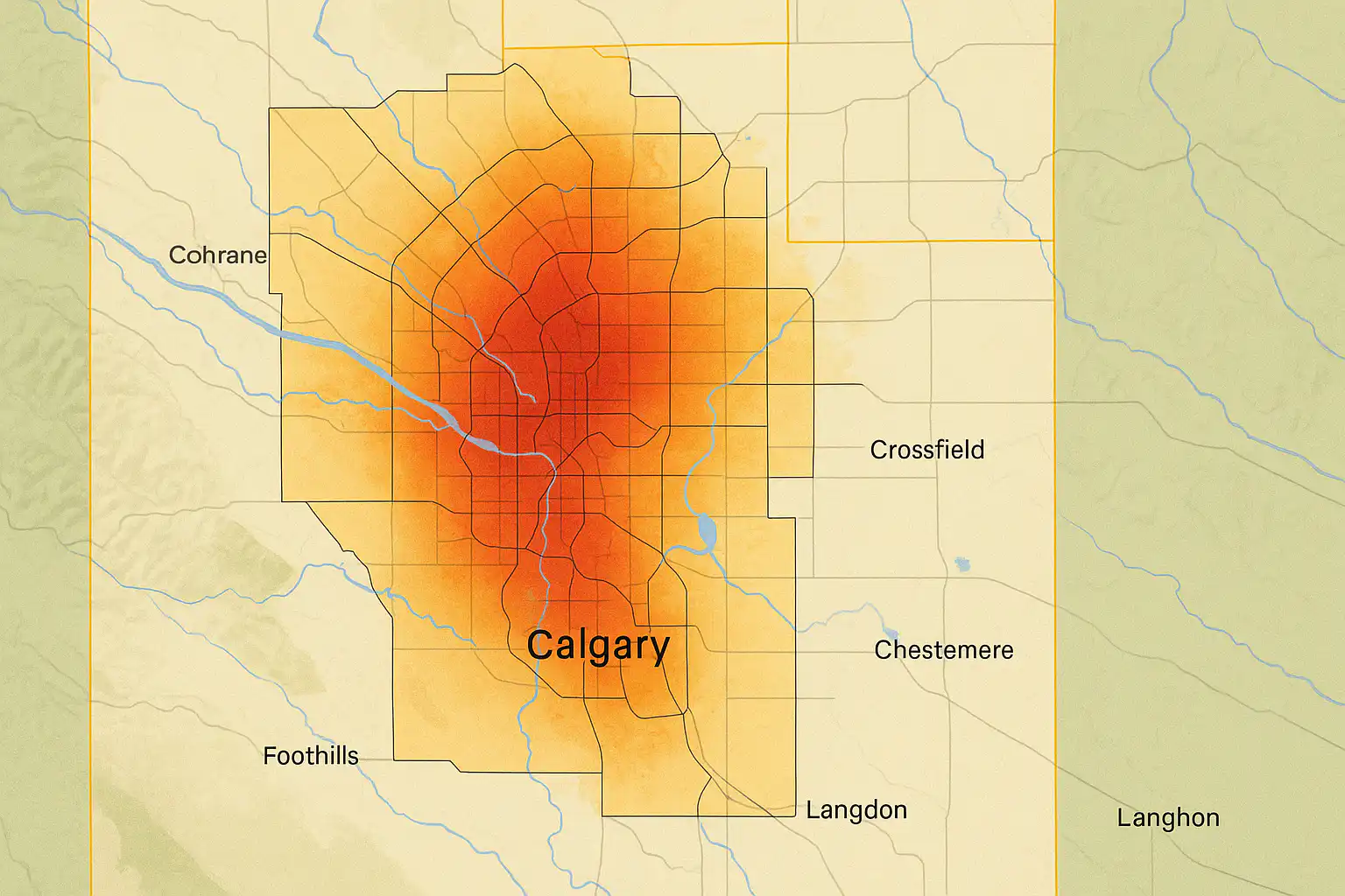 Heatmap depicting radon concentration levels across Calgary and surrounding areas, highlighting higher risk zones in central Calgary for the 2025 Calgary Radon Report.