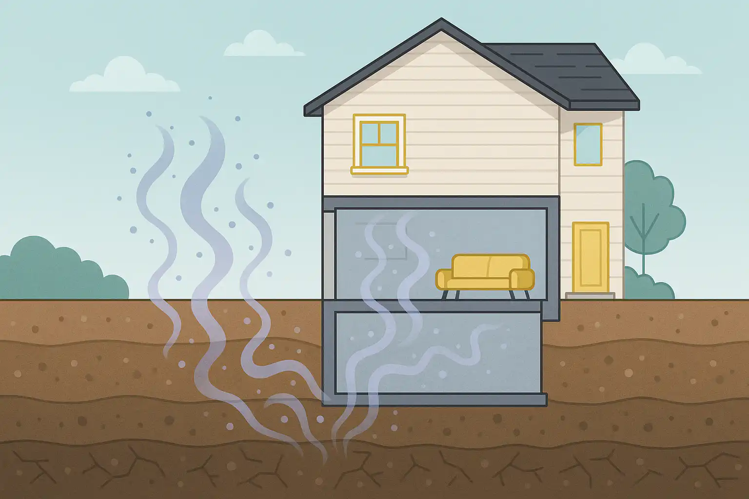 Cutaway illustration showing radon gas rising from the soil and entering a Calgary home’s basement living space, highlighting concerns about indoor air quality.