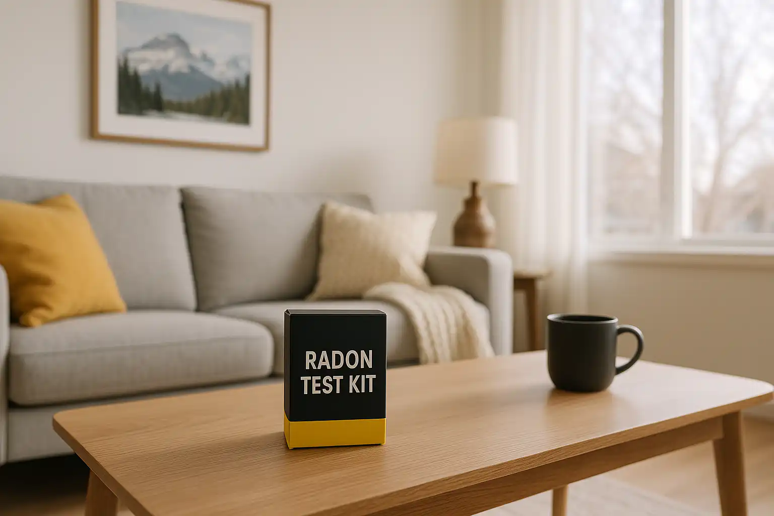 Radon test kit package on a wooden coffee table in a bright Calgary living room with sofa, pillows, lamp, and large window