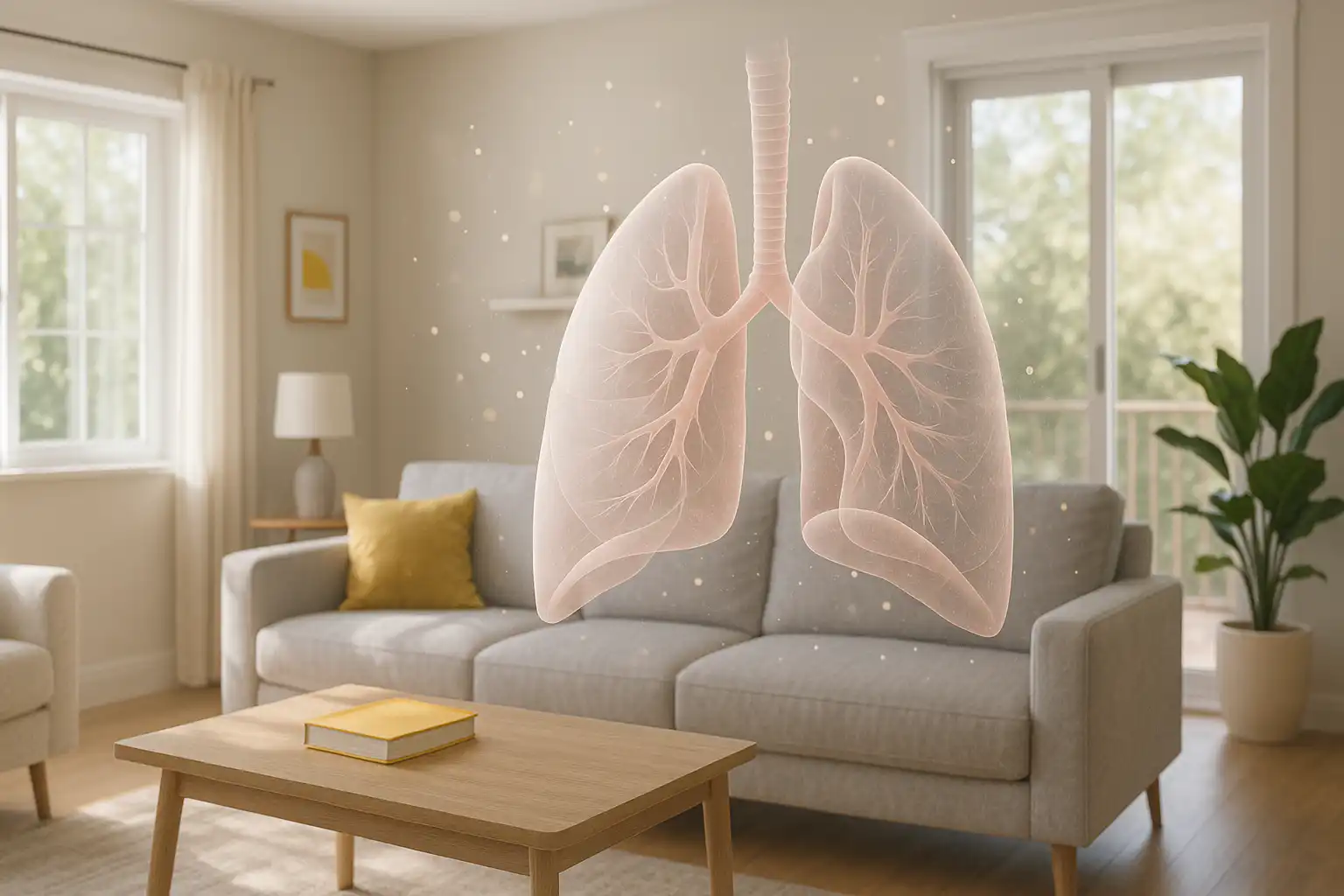 Translucent illustration of human lungs overlaid in a modern Calgary living room, symbolizing the impact of indoor air quality and radon exposure on respiratory health