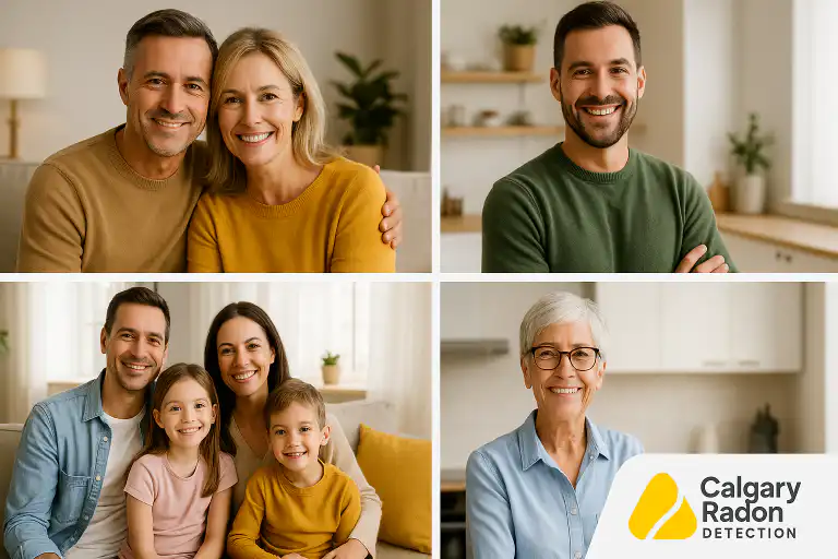 Collage of smiling families of different ages in bright, cozy Calgary homes with Calgary Radon Detection branding in the corner, representing peace of mind from affordable radon mitigation