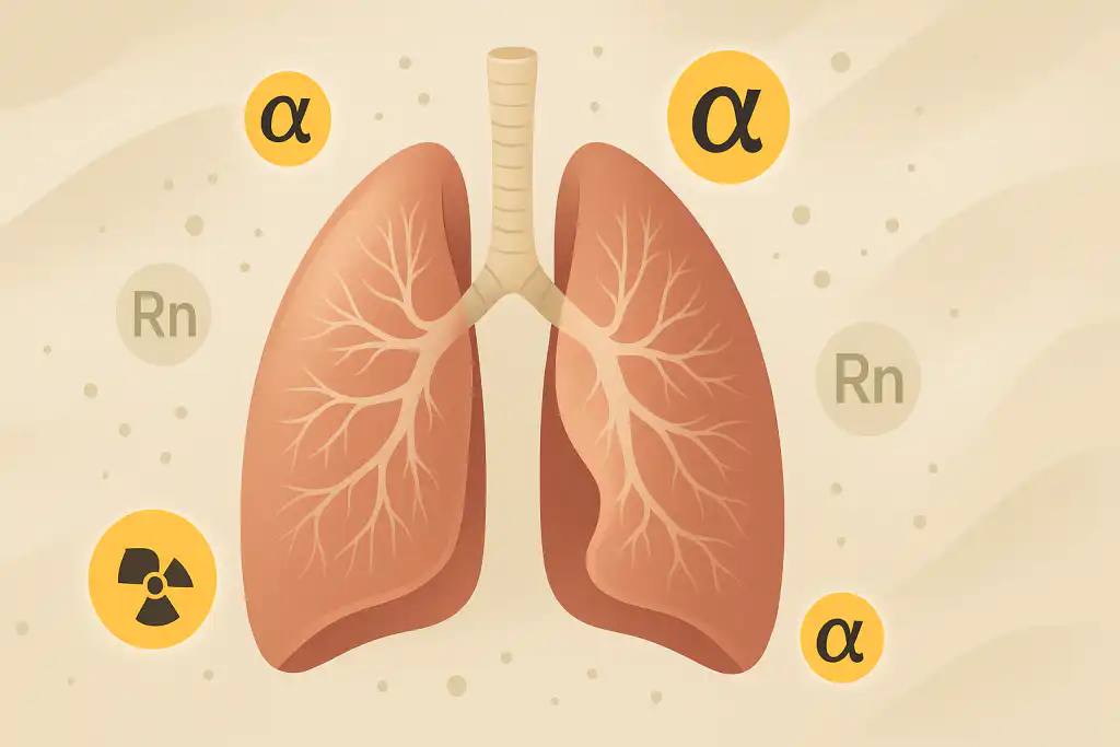 Illustration of human lungs surrounded by radon symbols and radiation icons, representing the health risks of long-term radon exposure in Calgary homes