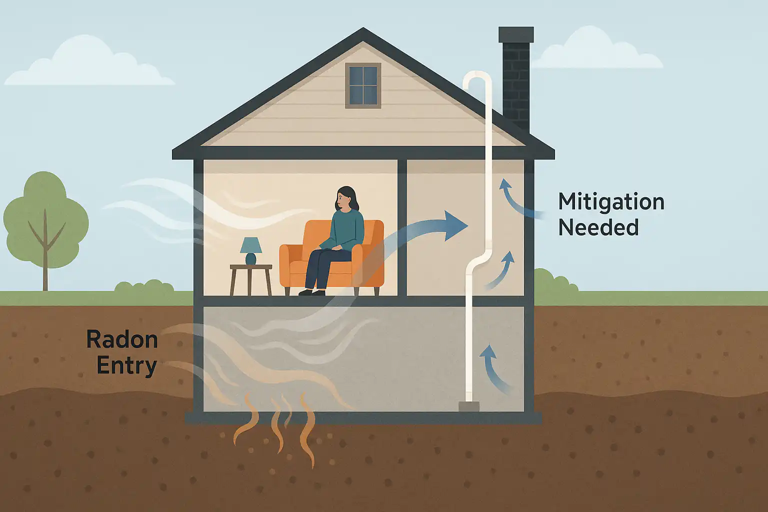 Illustration of a house in Calgary showing radon gas entry from soil into the basement and airflow through a mitigation system with labeled points for mitigation needed.