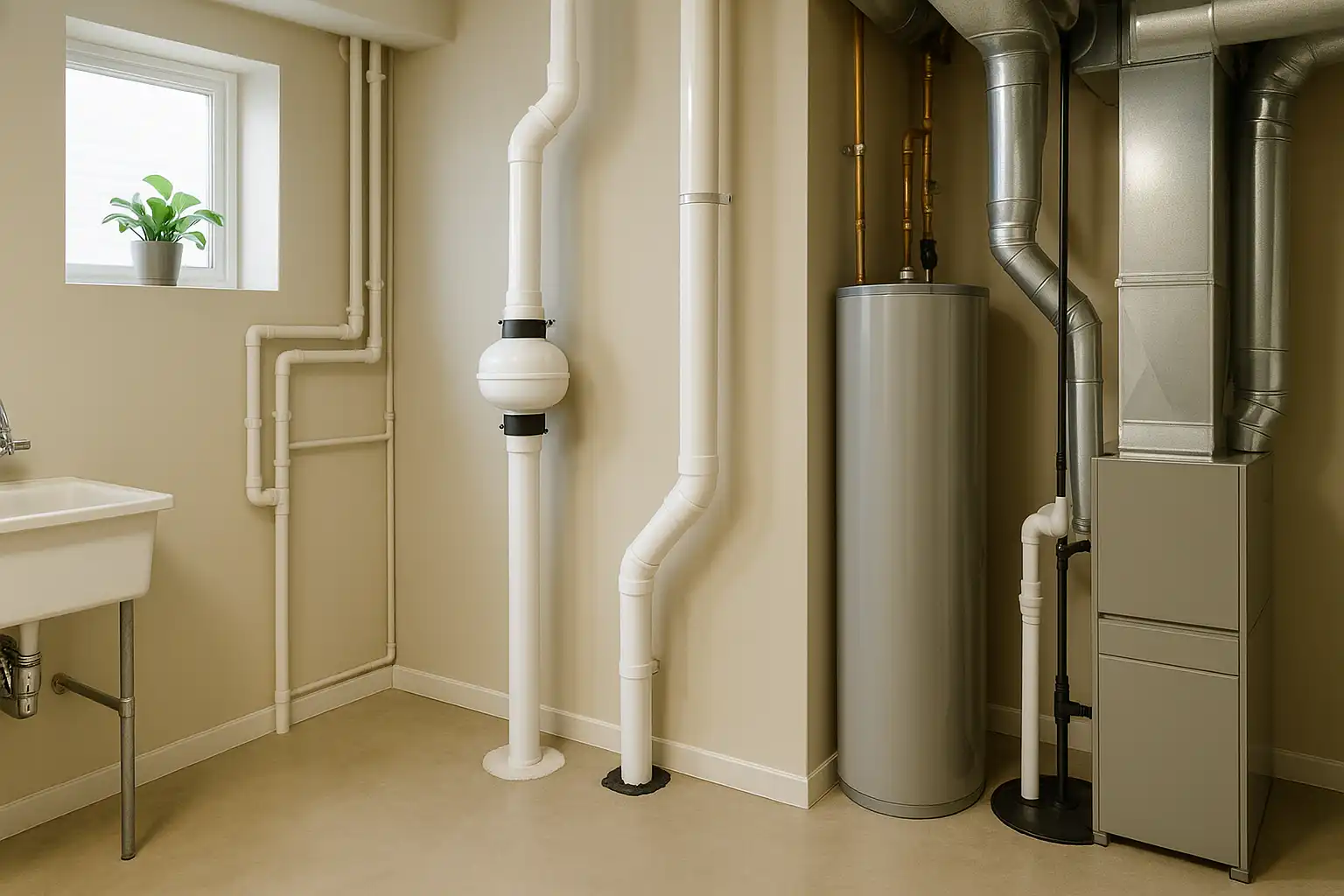 Radon mitigation system with white PVC piping and ventilation fan installed in a clean Calgary basement next to furnace and water heater