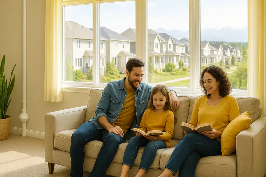 Happy family sitting together reading on a bright living room sofa in a modern Calgary home with large windows and fresh air, illustrating the benefits of radon removal Calgary