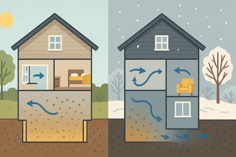 Illustration comparing radon gas movement in a Calgary home during summer and winter, showing how seasonal changes affect indoor air quality with clear airflow patterns above and below ground.