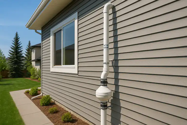 Radon mitigation system installed on the exterior wall of a Calgary home with tidy landscaping and clear skies, illustrating effective solutions for seasonal radon levels.