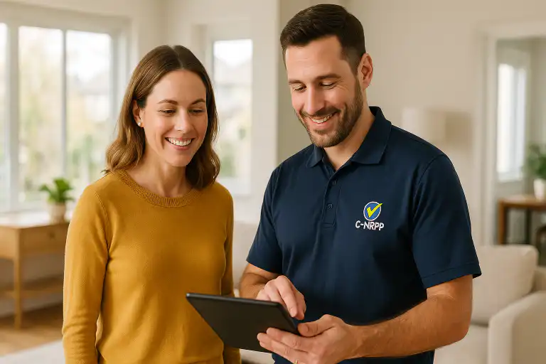 Certified radon inspection technician showing test results on a tablet to a smiling homeowner in a bright Calgary home living room