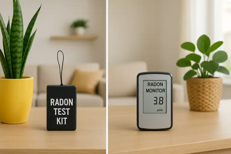 Two side-by-side views showing a radon test kit and a digital radon monitor on a table in a comfortable Calgary living room, with indoor plants and soft lighting in the background.