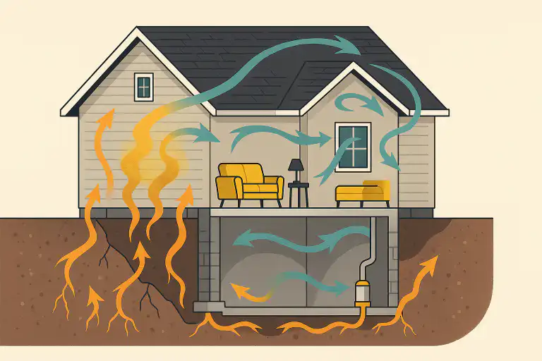 Illustration showing radon gas entering a house through the basement foundation with airflow arrows demonstrating gas movement and a mitigation system, visualized in the context of indoor air quality by Calgary Radon Inspection Company