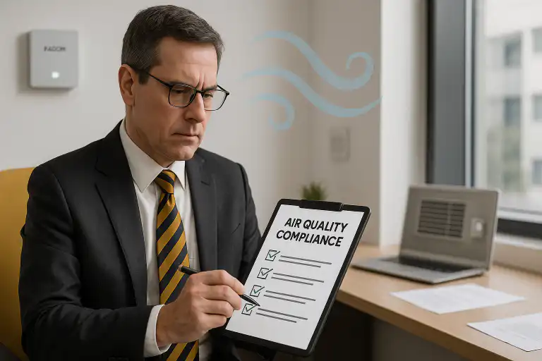 Business professional in an office reviewing an air quality compliance checklist with radon detector on the wall, representing commercial radon testing services in Calgary AB