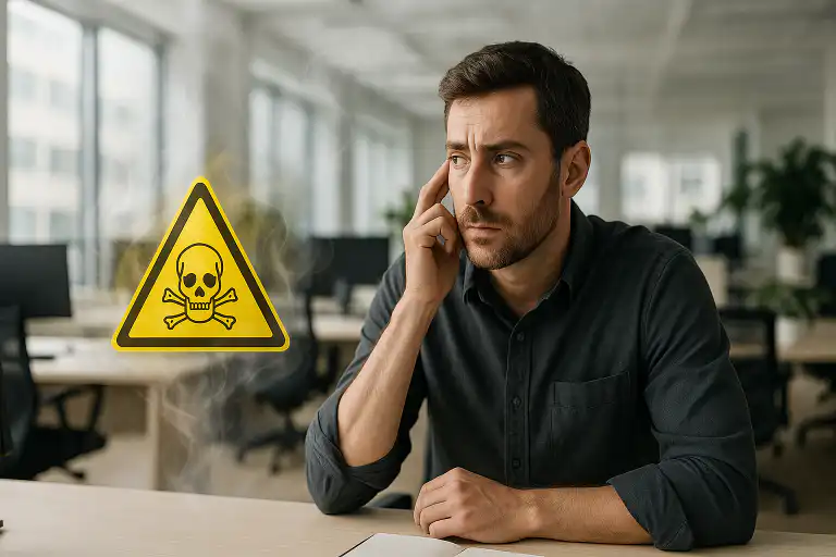 Concerned man in modern Calgary office looking at toxic warning symbol highlighting radon risk and the importance of commercial radon testing