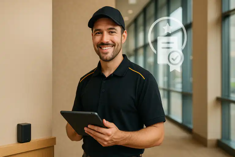 Professional radon testing technician in uniform holding a digital tablet inside a modern commercial building in Calgary AB