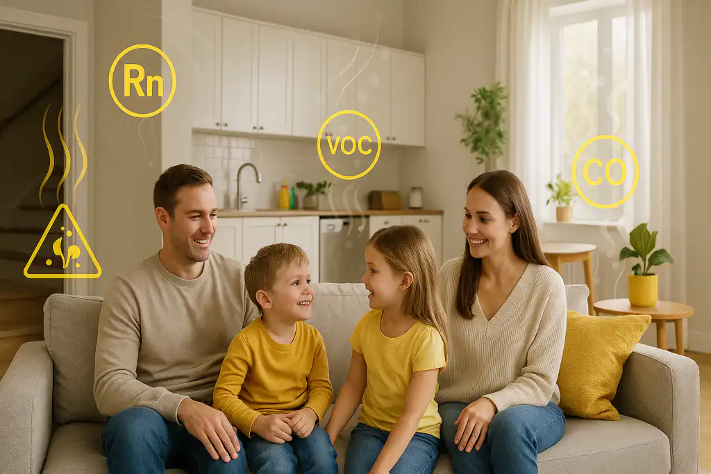 Smiling family of four sitting on a couch in a modern Calgary home, with illustrated symbols for radon, VOCs, and carbon monoxide highlighting air quality concerns.