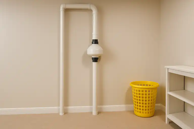 Radon mitigation system with white PVC pipes and fan unit installed in a finished basement near a yellow laundry basket and white shelving unit in Calgary