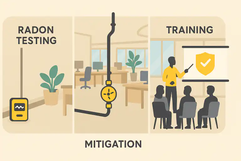 Illustration showing three stages of workplace radon safety in Calgary, including radon testing in an office, mitigation system installation, and employee training session