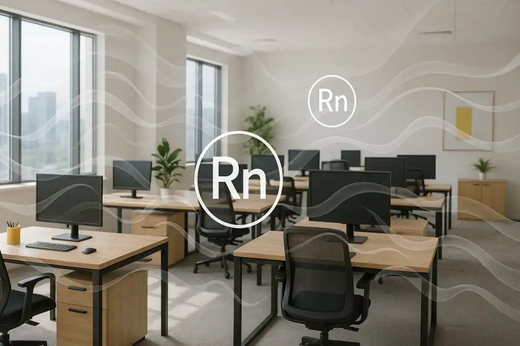 Modern office in Calgary with several empty desks and computer monitors, illustrated with digital waves and radon symbols indicating radon presence in commercial indoor air.