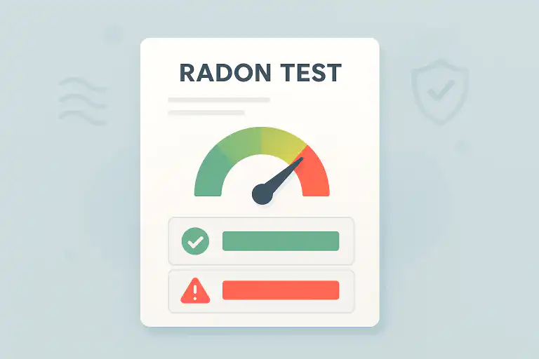 Illustrated radon test results sheet showing a risk meter with a gauge pointing to high red zone and checkmark and warning indicators beneath
