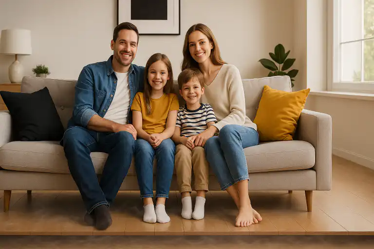 Smiling family of four sitting together on a couch in a bright Calgary living room, representing health and safety benefits of a free radon test