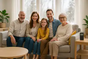 Smiling multigenerational family sitting together in a bright Calgary living room with a radon detector on the table, emphasizing home safety from radon exposure