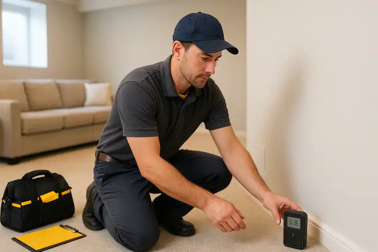 Technician kneeling on carpet sets up radon detection device along wall in modern Calgary home, tool bag and clipboard on floor, preparing to install radon reduction system.