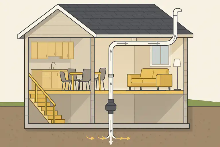 Illustration of a Calgary home cross-section showing a radon mitigation system venting gas safely from basement to outside