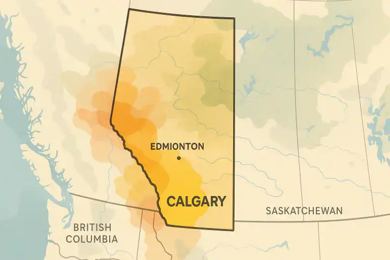 Color-coded map of Alberta highlighting radon risk zones with emphasis on Calgary and major regions