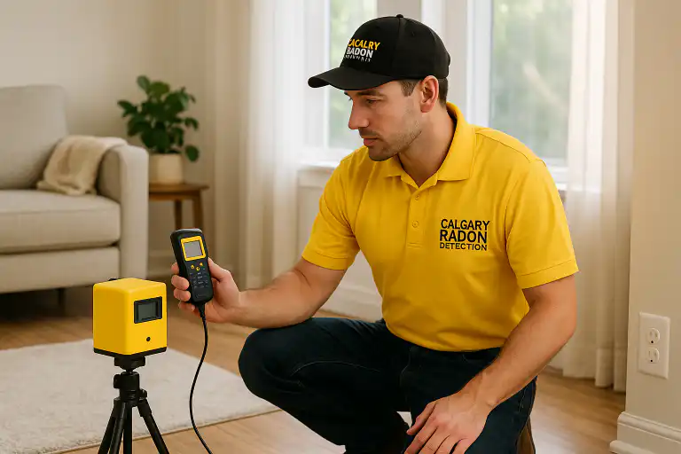 Radon safety technician in yellow Calgary Radon Detection uniform using electronic radon testing equipment in a residential living room in Calgary AB