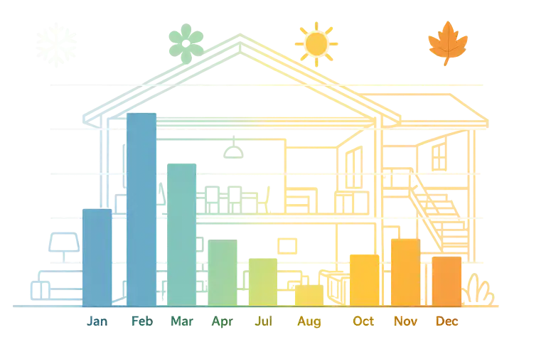 Bar graph depicting seasonal radon levels in a Calgary home, highest in winter months and lowest in summer, with background icons for winter, spring, summer, and fall