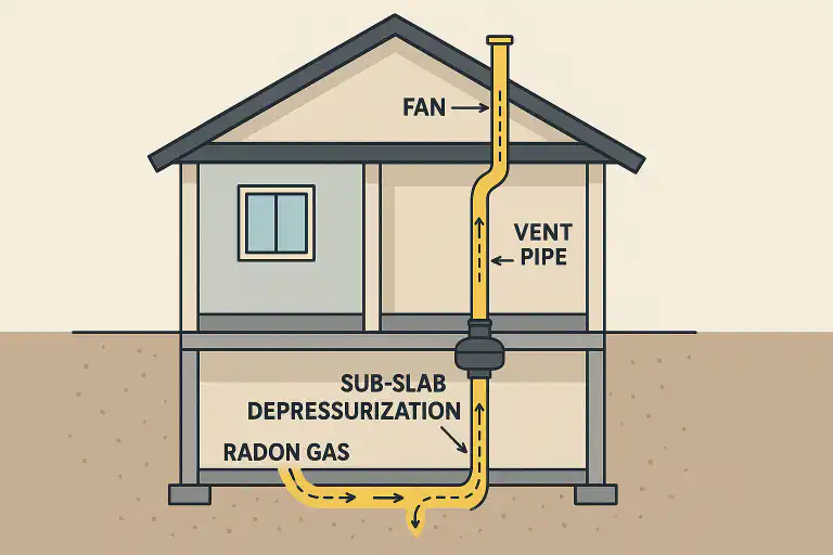 Diagram showing a sub-slab depressurization radon reduction system installed in a home, with a vent pipe and fan directing radon gas safely outside in Calgary, AB.