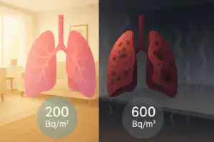 Illustration comparing healthy lungs in a low radon home to damaged lungs in a high radon environment, showing 200 and 600 Bq/m3 readings