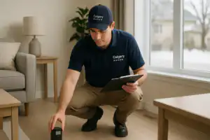 Calgary Radon Detection technician in navy uniform placing radon test device on living room floor near window while holding clipboard in a Calgary AB home