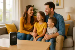 Smiling family sitting on a couch in a bright living room with a digital radon detector on a coffee table displaying a safe reading