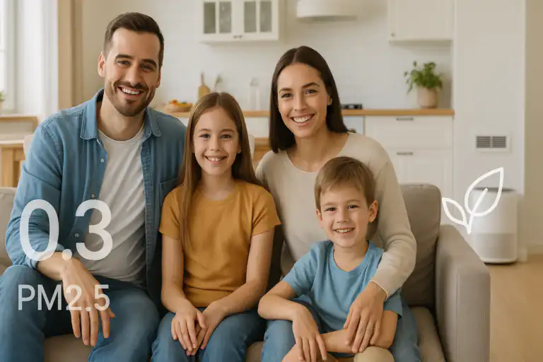 Smiling family sitting together in a bright Calgary home with PM2.5 reading, depicting healthy indoor air quality and radon safety awareness