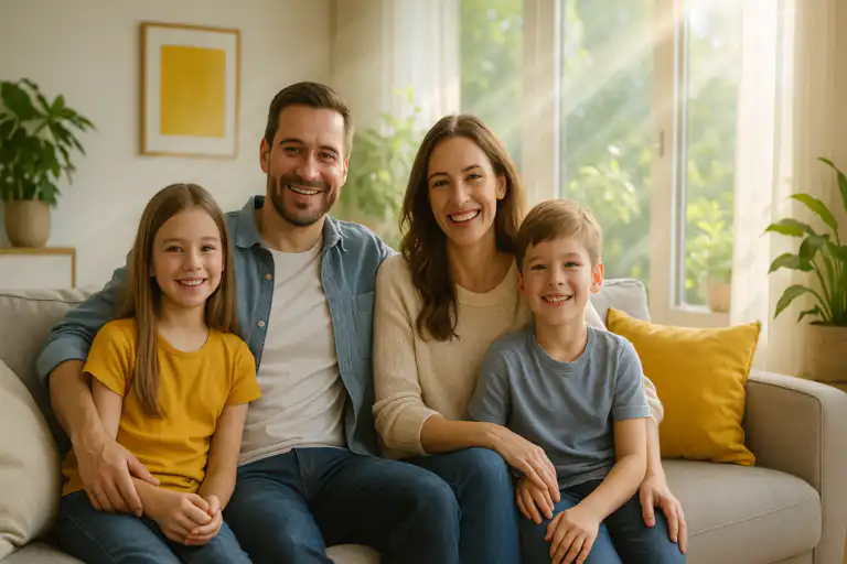 Smiling family of four sitting together in a bright, cozy Calgary living room, representing the peace of mind and increased home value gained through quality radon mitigation.