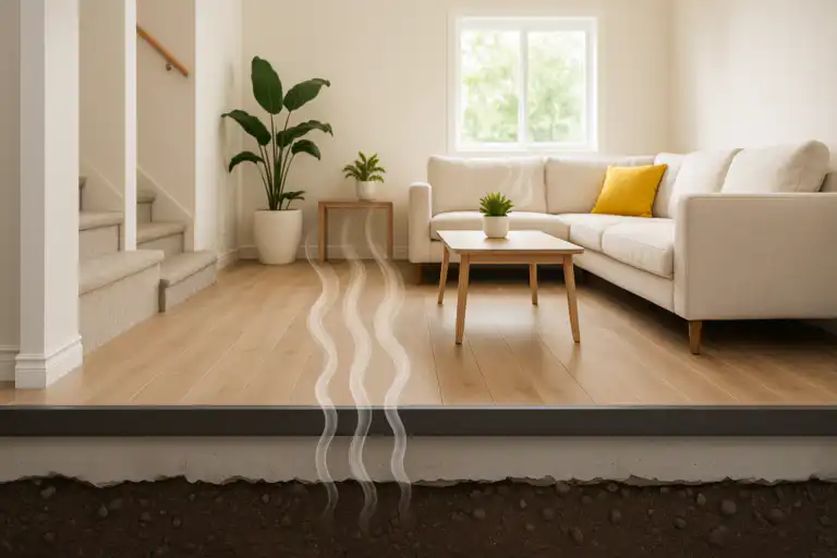 Cutaway of a modern Calgary living room showing radon gas rising through the floor, illustrating the importance of radon mitigation for home value and safety.