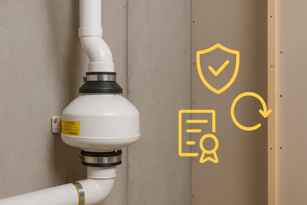 Radon mitigation system installed on basement wall with warranty and protection icons representing warranty coverage in Calgary AB