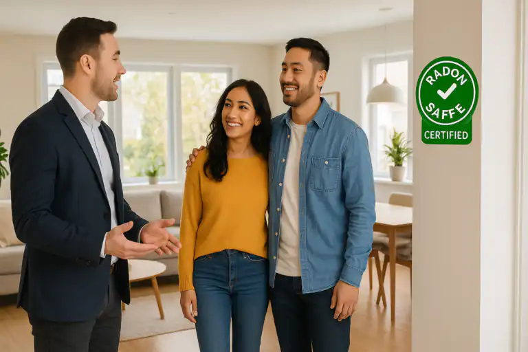 smiling couple with real estate agent in modern living room beside radon safe certified sign representing increased home value after radon mitigation