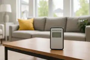 Digital radon detector placed on a wooden coffee table in a bright Chestermere living room, showcasing modern home safety testing.